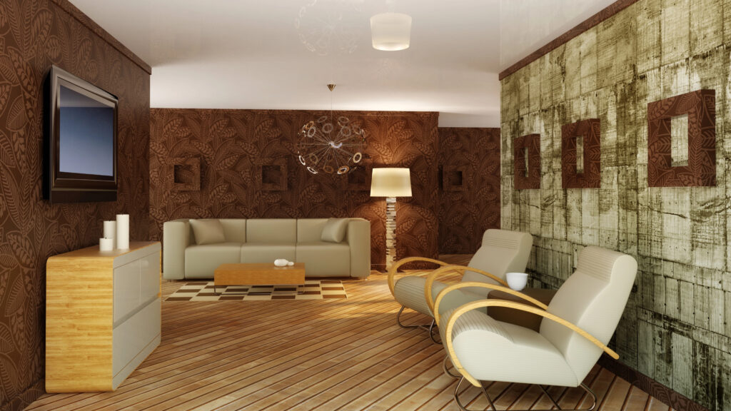 Modern living room with wooden floors, brown patterned walls, two beige armchairs, a couch, a floor lamp, abstract wall art, and a wall-mounted TV.