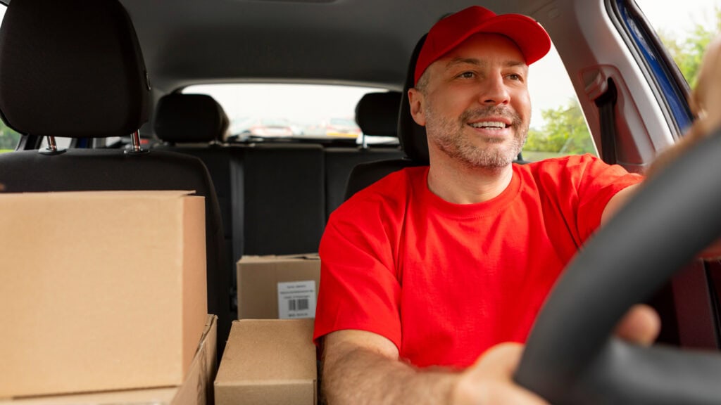 A man in a red shirt and cap is driving a car filled with cardboard boxes.