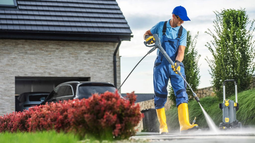 Person in blue overalls and yellow boots power washing a driveway near red shrubs, with a house and parked car in the background.