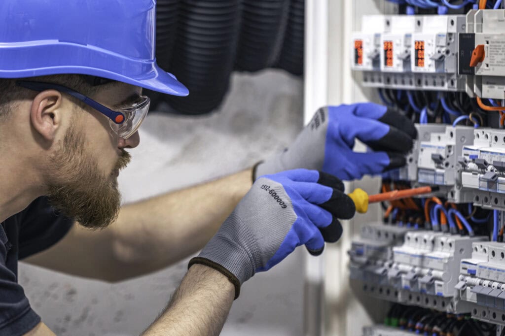 A male electrician works in a switchboard with an electrical connecting cable.