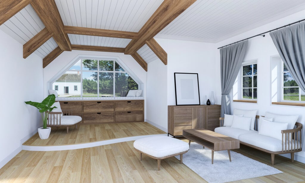 White living room interior with wooden furniture and split level floor
