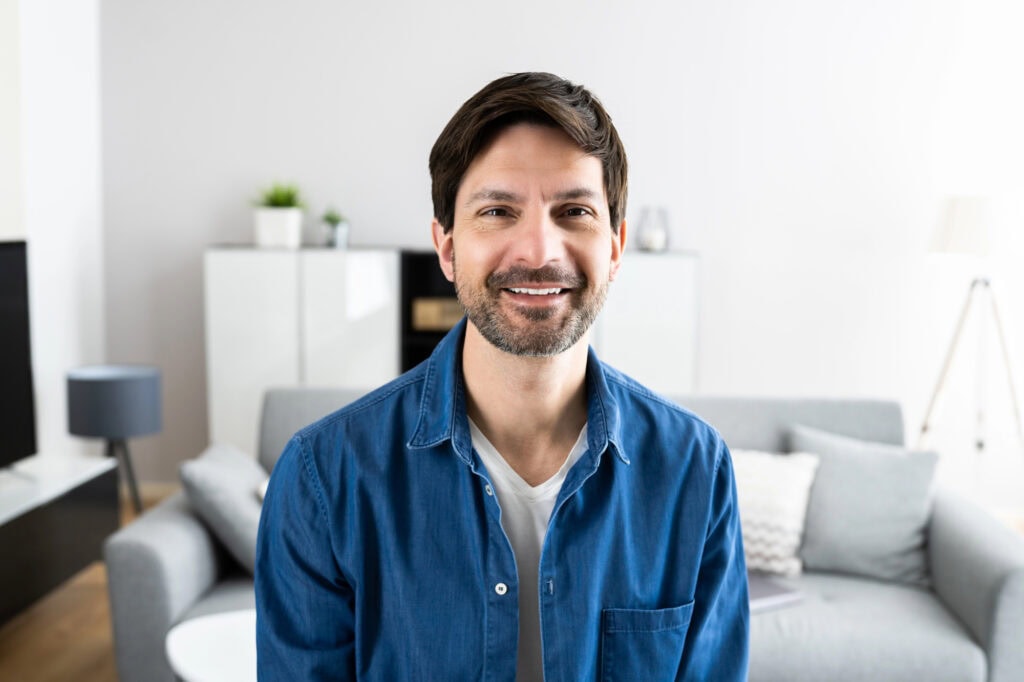 Happy Man Video Conference Webinar Portrait At Home